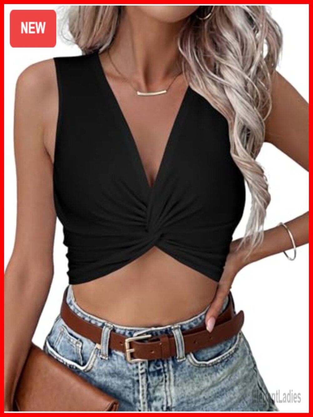 V Neck Twist Front Crop Top Ribbed Knit Sleeveless Camisole